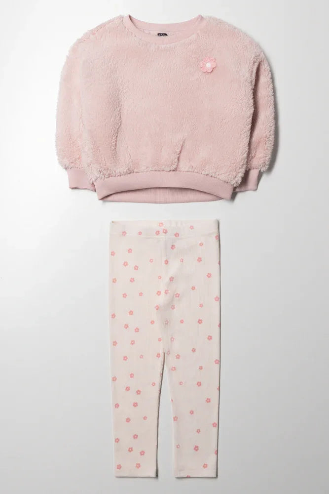 Shaggy Fleece Crew Neck And Leggings Set Pink