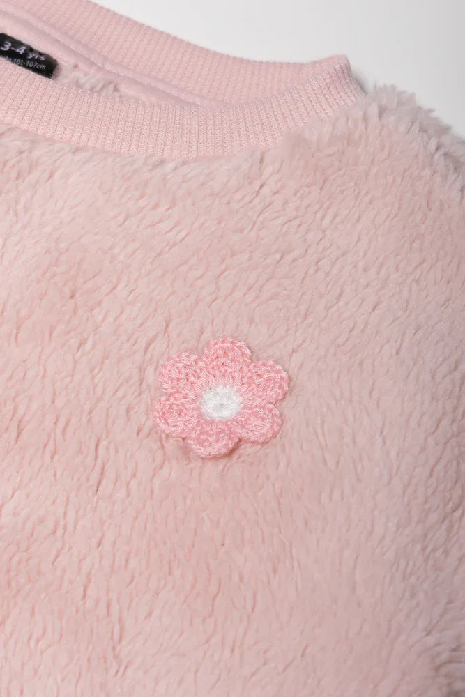 Shaggy Fleece Crew Neck And Leggings Set Pink