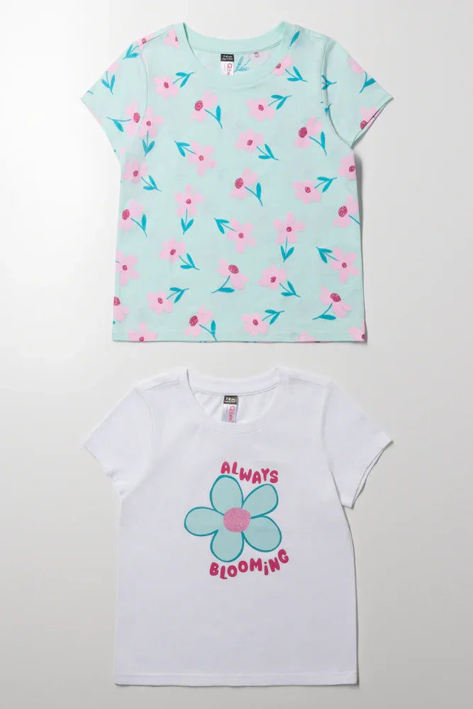 2 Pack Floral Short Sleeve T-Shirts White And Green