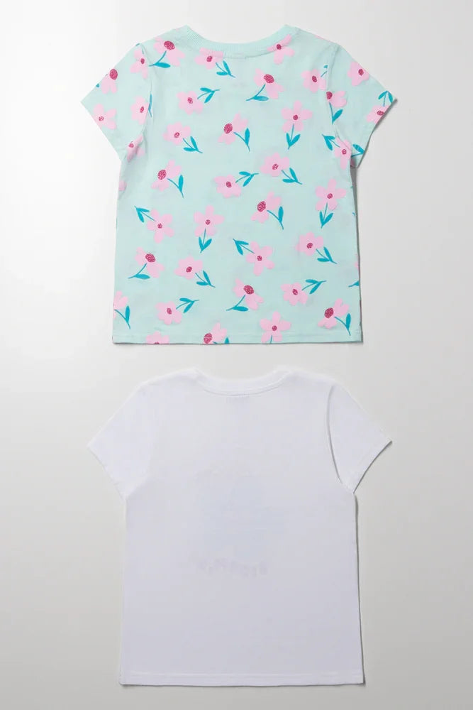 2 Pack Floral Short Sleeve T-Shirts White And Green (2)