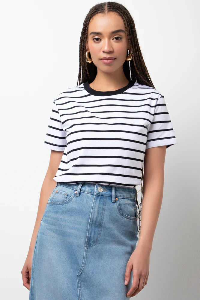 Stripe Crew Neck Short Sleeve T-Shirt White And Black