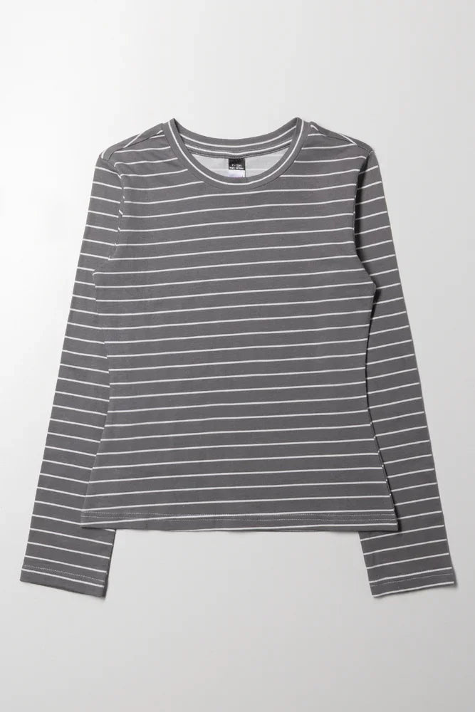 Long Sleeve Stripe Crew Neck Grey