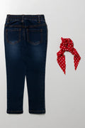 Skinny Denim Jeans With Hair Tie Dark Blue (3)