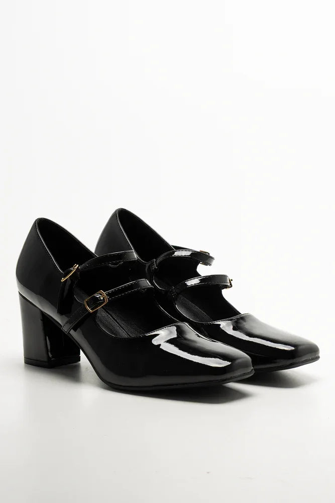 Double Strap Block Heel Shoes Black
