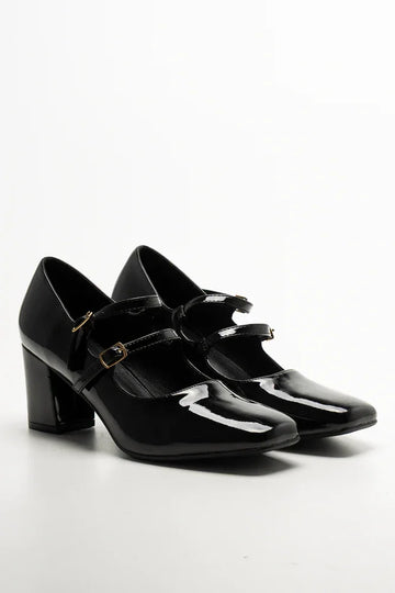 Double Strap Block Heel Shoes Black