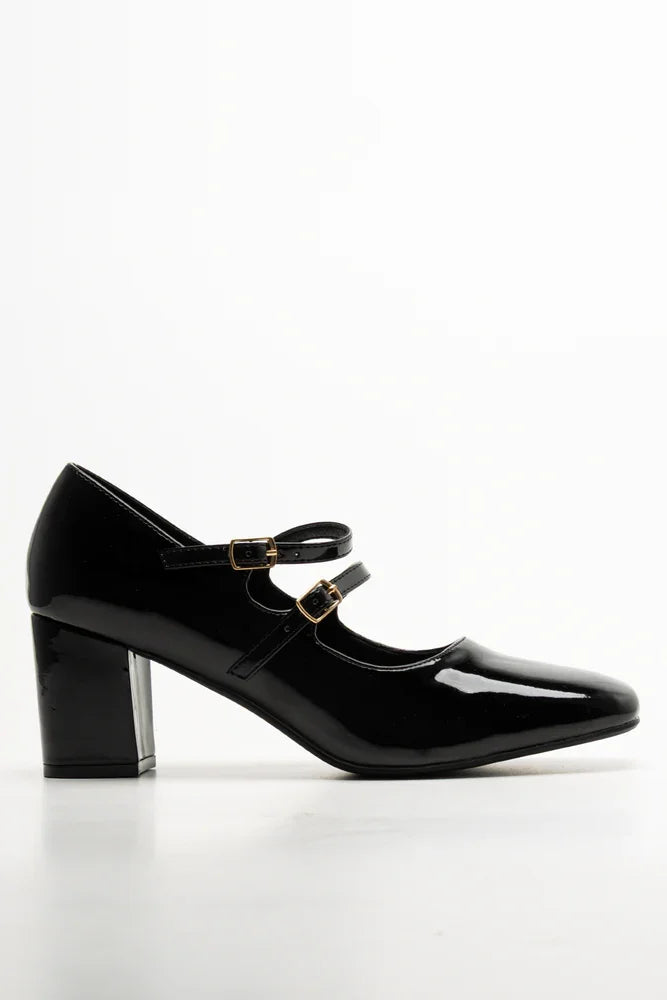 Double Strap Block Heel Shoes Black
