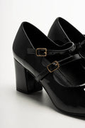Double Strap Block Heel Shoes Black (3)