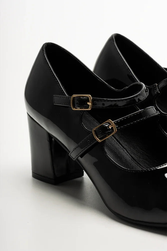 Double Strap Block Heel Shoes Black (3)