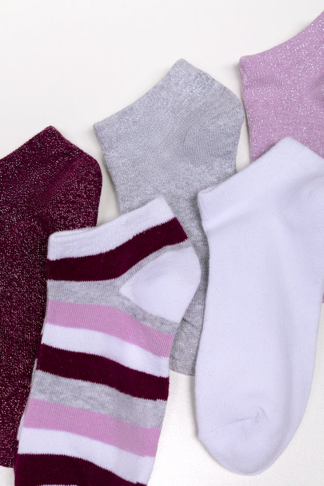 5 Pack Low Cut Socks Burgundy, Grey, Purple And White