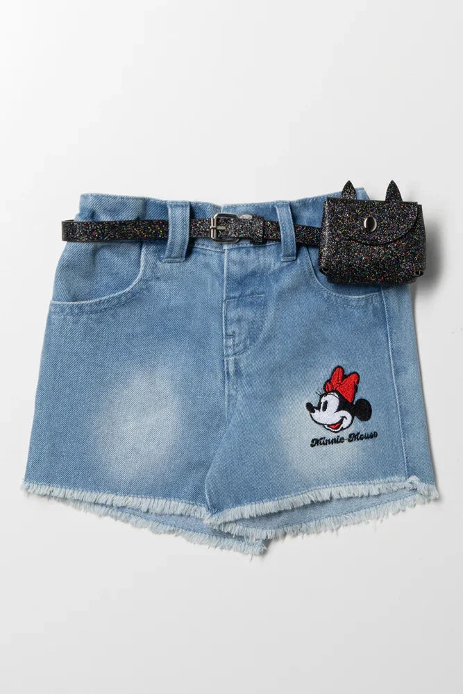 Minnie Mouse Belted Denim Shorts Light Blue