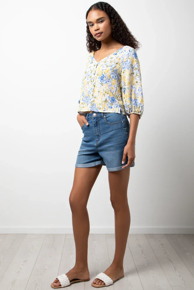 Ballerina Sleeve Linen Blend Top Yellow Floral