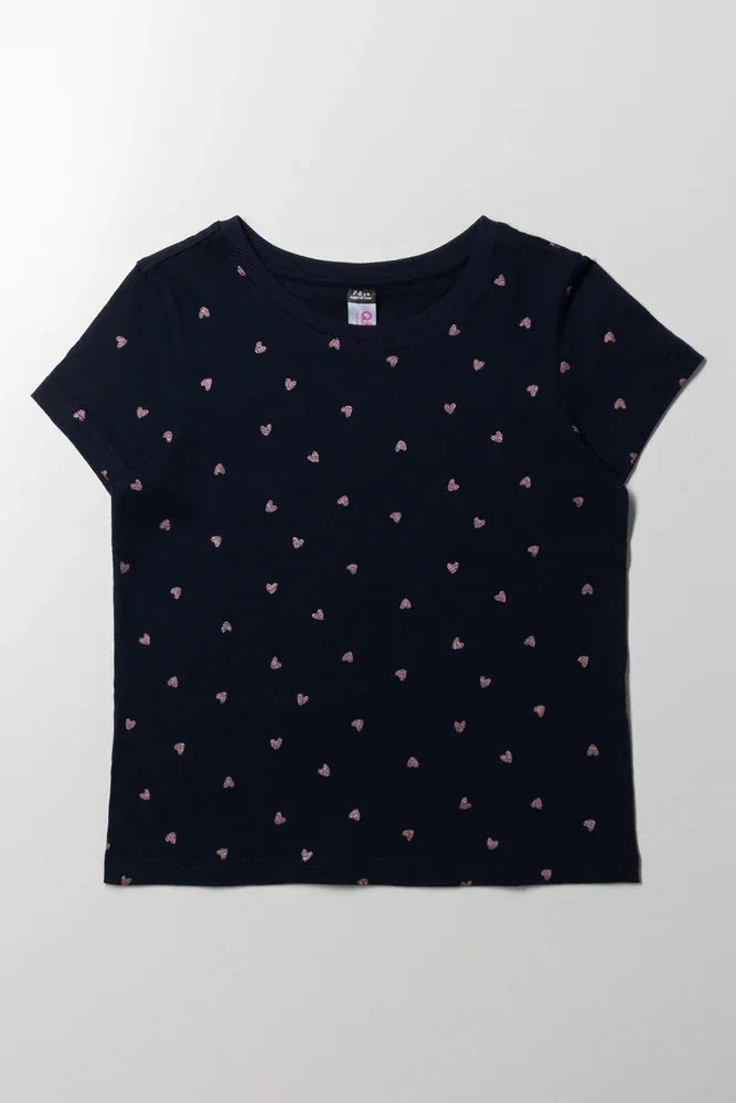 Glitter Heart Short Sleeve T-Shirt Navy