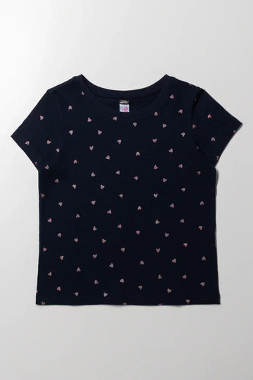 Glitter Heart Short Sleeve T-Shirt Navy