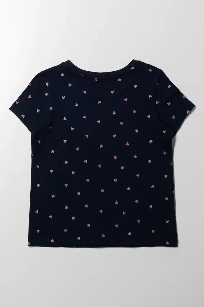 Glitter Heart Short Sleeve T-Shirt Navy (2)
