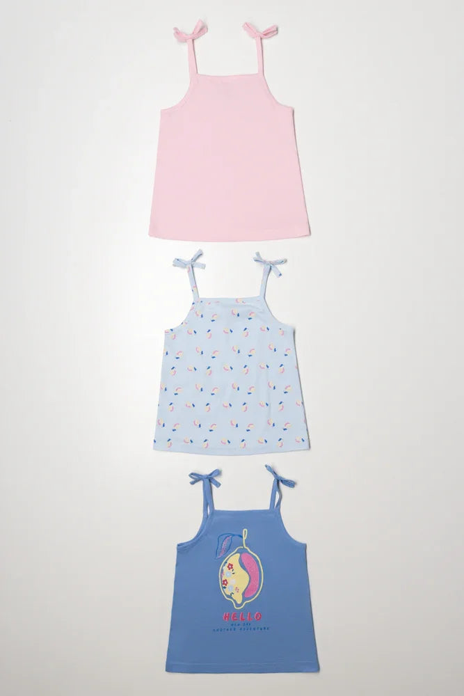 3 Pack Strappy Vests Blue And Pink