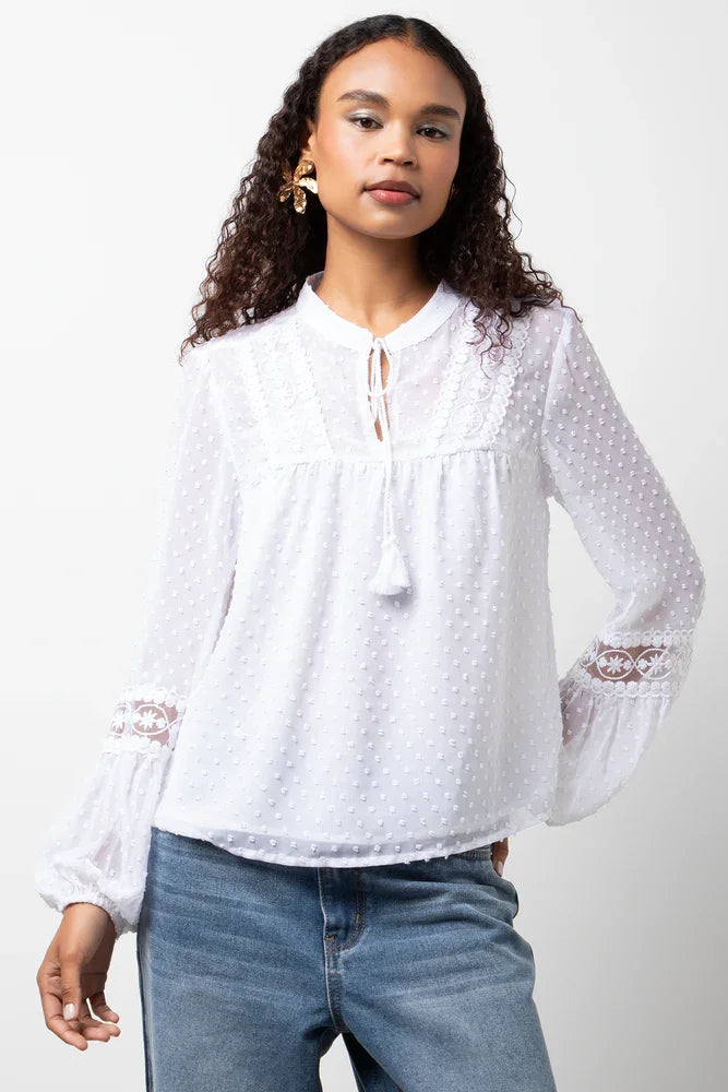 Long Sleeve Tassel Blouse White