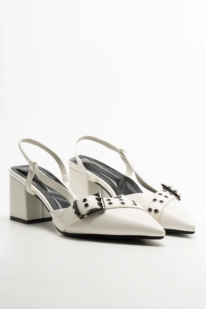 Buckle Pointy Block Heel Shoes White