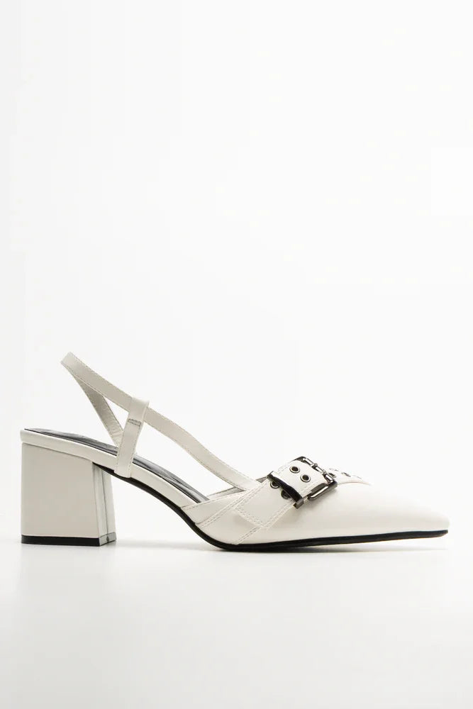 Buckle Pointy Block Heel Shoes White