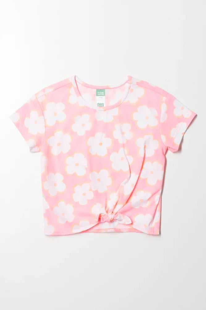 Floral Front Tie T-Shirt Pink