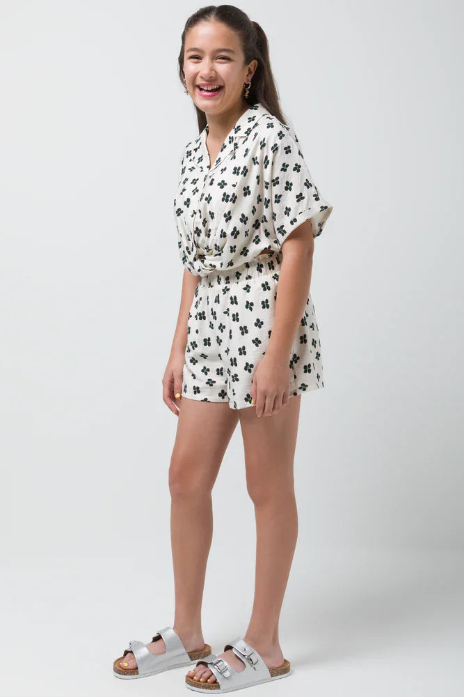 Knot Hem Woven Shirt Large Tropical Floral Green