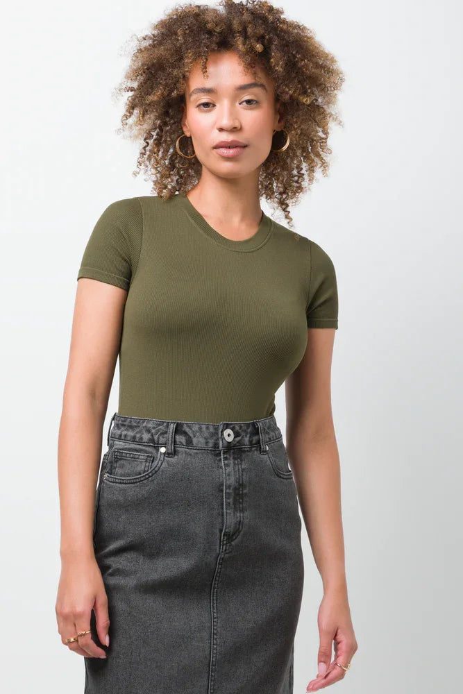 Fine Rib Seamless Bodysuit Ballerina Sleeve Green