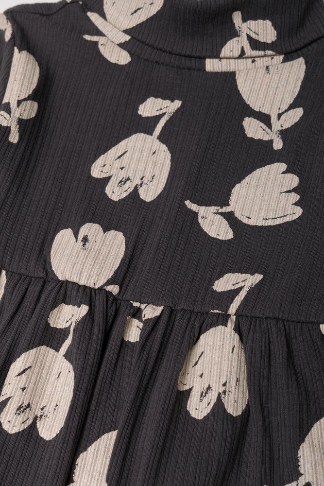 POLONECK FLORAL FIT AND FLARE RIB DRESS CHARCOAL