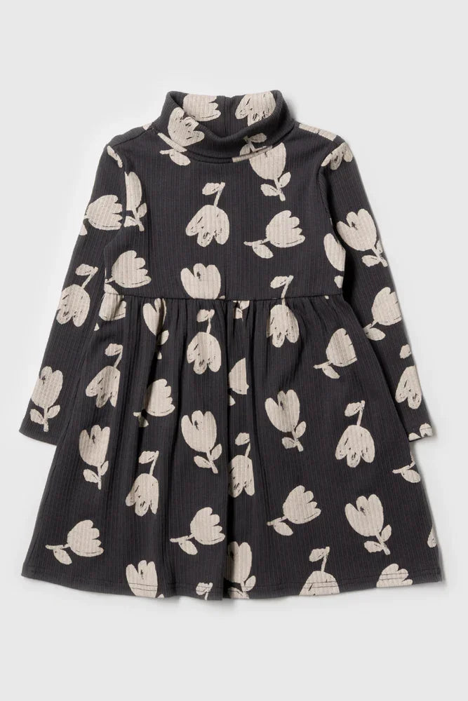 POLONECK FLORAL FIT AND FLARE RIB DRESS CHARCOAL