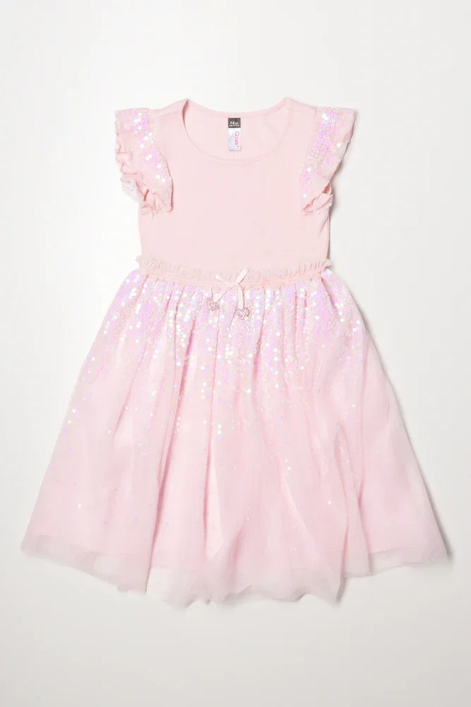 Sequin fit and flare mesh combo dress light pink