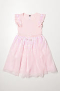 Sequin fit and flare mesh combo dress light pink