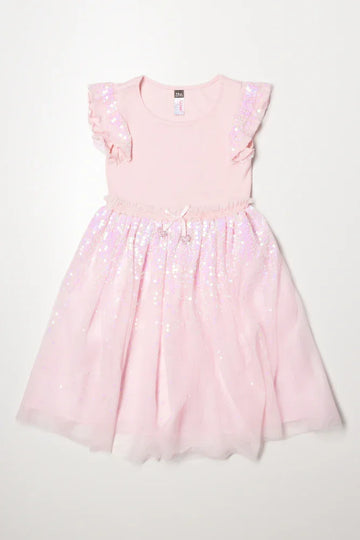 Sequin fit and flare mesh combo dress light pink