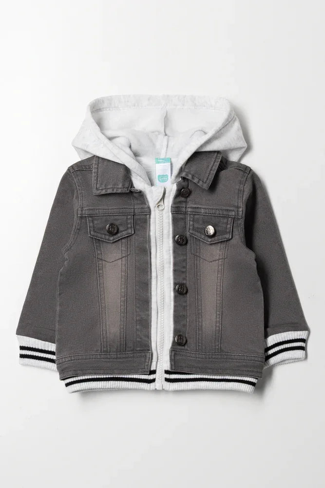 Hooded Knit Combo Denim Jacket Grey