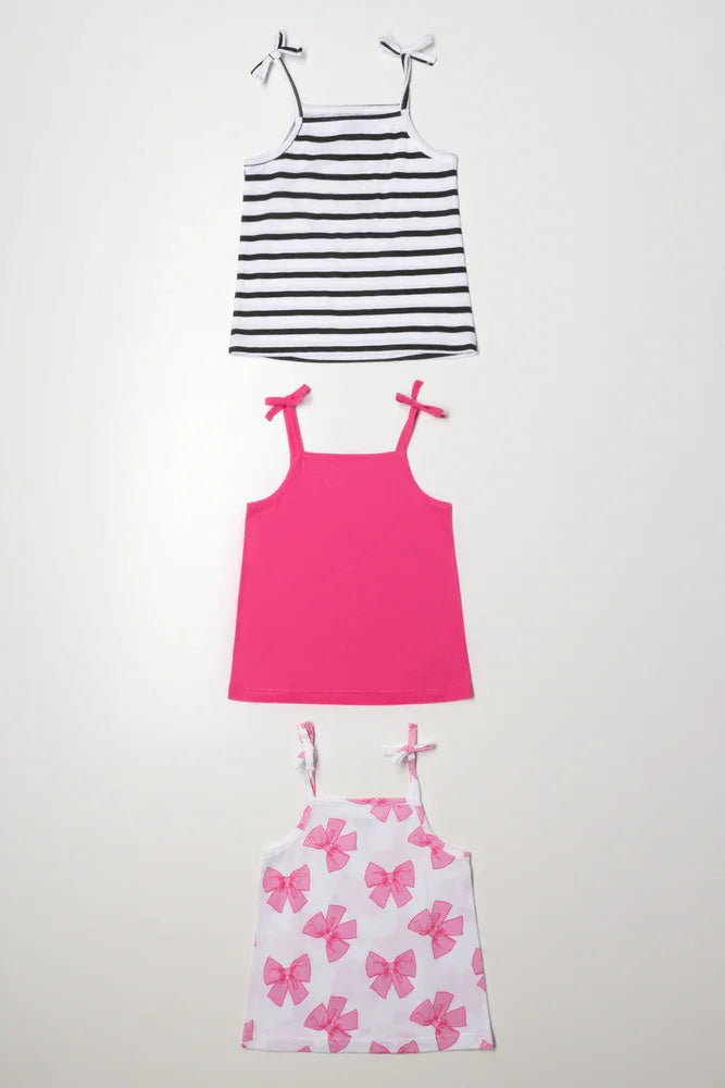 3 Pack Bow Strappy Vests Black And Pink (4)