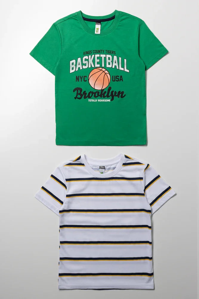 2 Pack Stripe Basketball T-Shirts White And Green