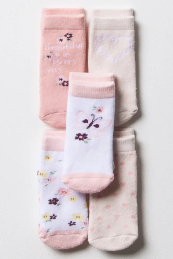 5 Pack Butterfly And Flower Socks Pink