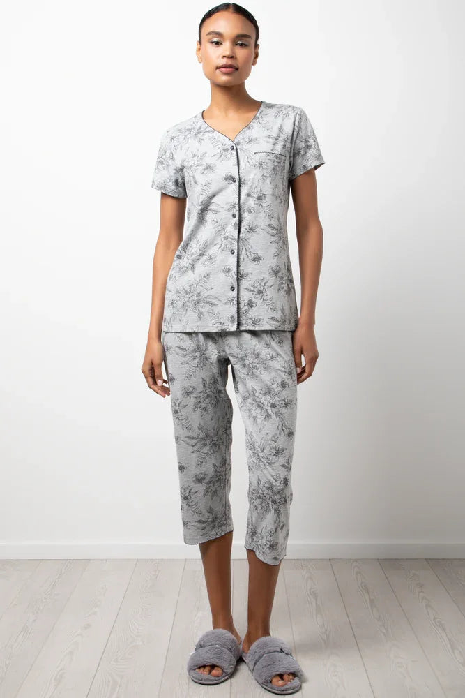 Floral Button Thru Pyjamas Grey