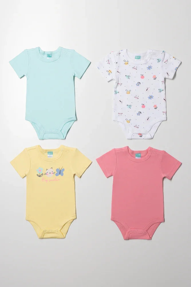 4 Pack Short Sleeve Bodyvest Pink, Yellow Blue And White