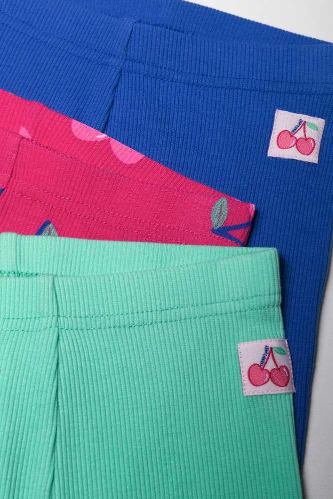 3 Pack Ribbed Cycle Shorts Blue, Green & Pink