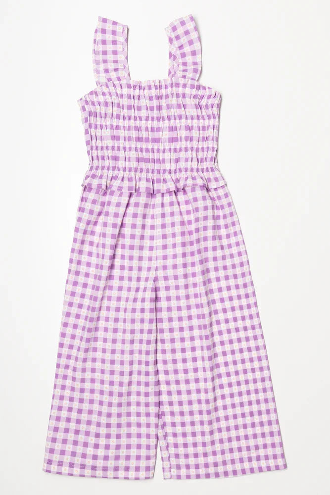 Check Smocked Jumpsuit Violet