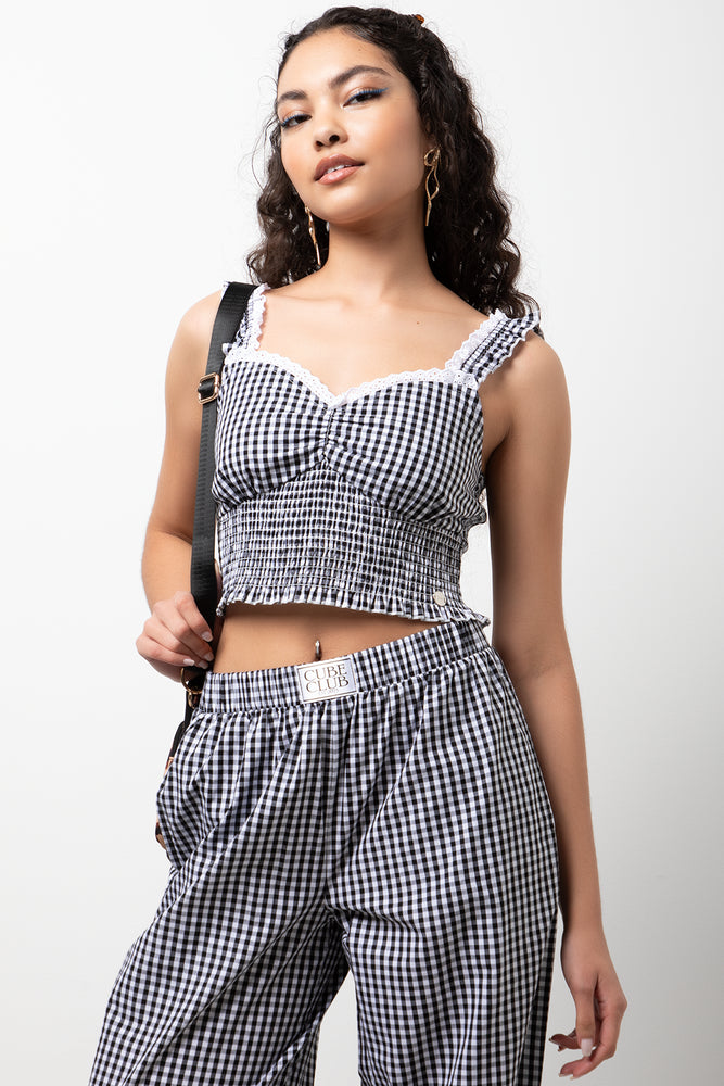 Gingham Strappy Top Black & White