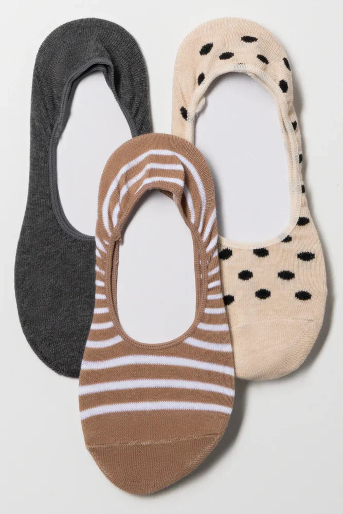 3 Pack Footliner Socks Natural, Brown And Grey