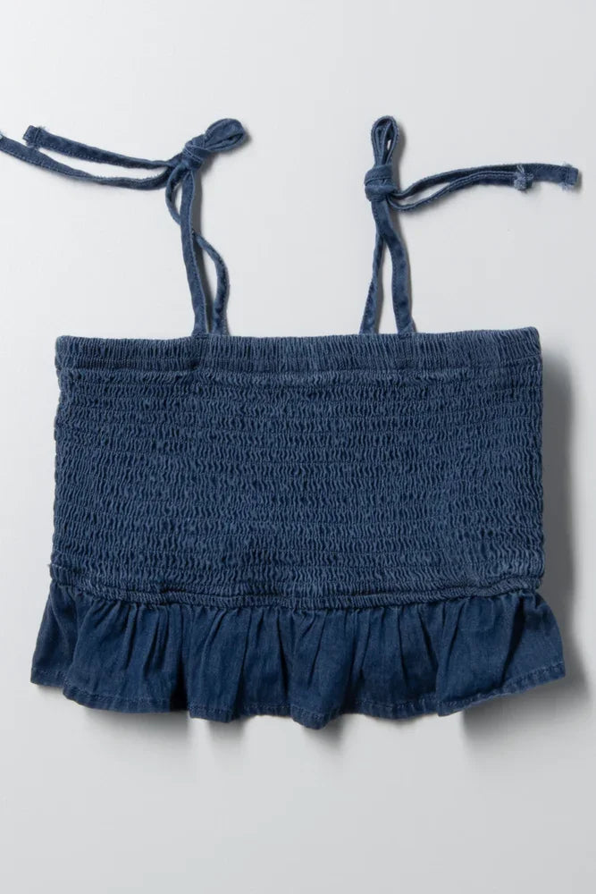 Smocked Tie Strap Denim Top Blue