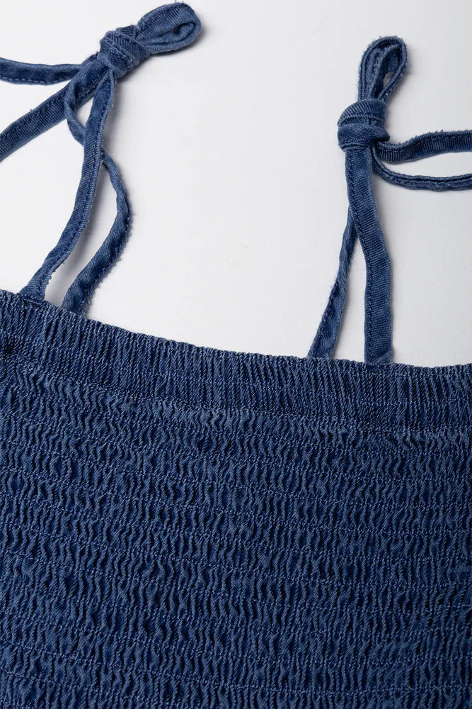Smocked Tie Strap Denim Top Blue
