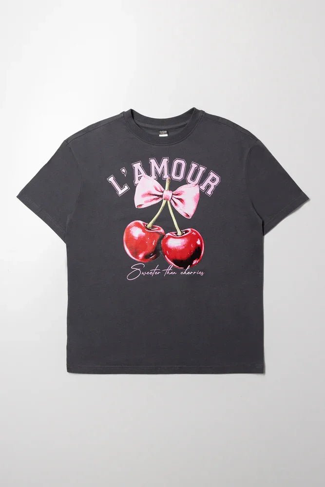 Oversized T-Shirt with Cherry Print Charcoal