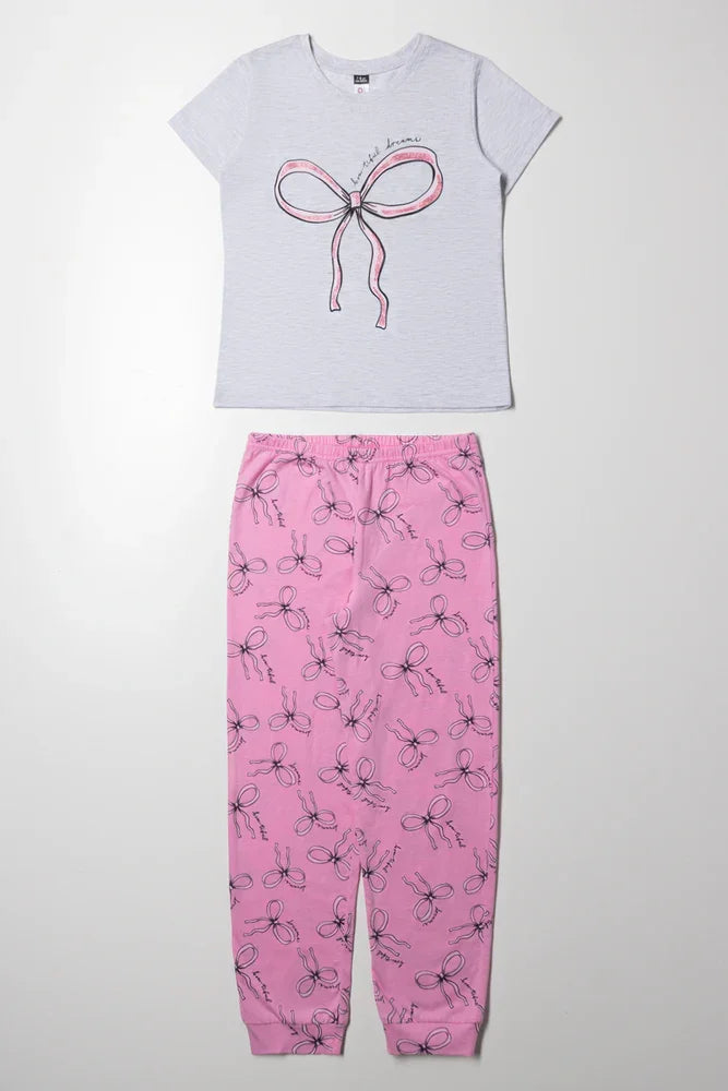 Bow Pyjama Set Grey And Pink