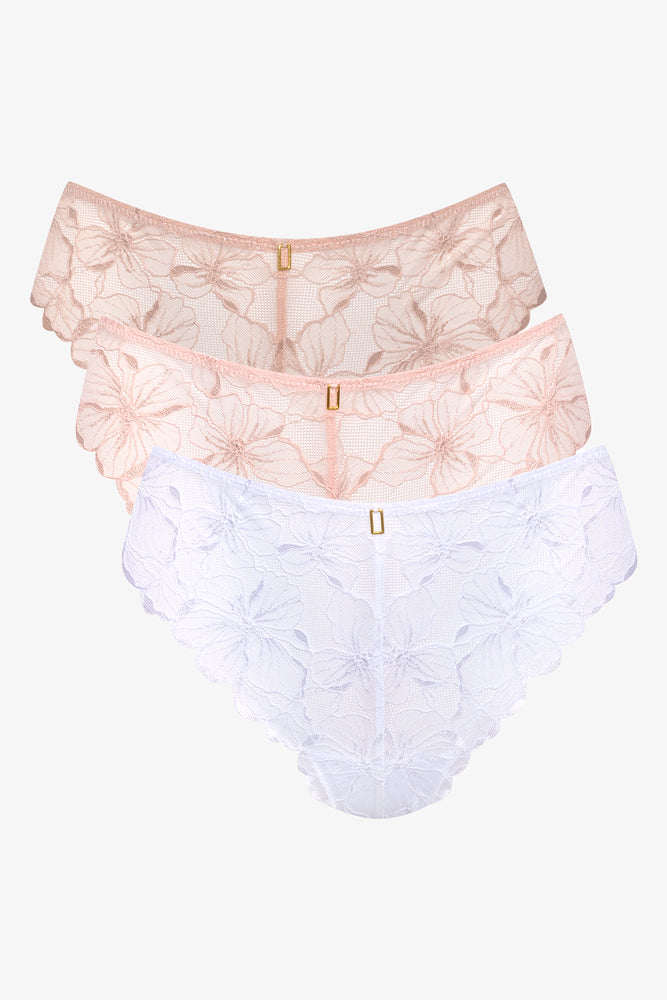 3 Pack Lace Thong Natural, Pink And White