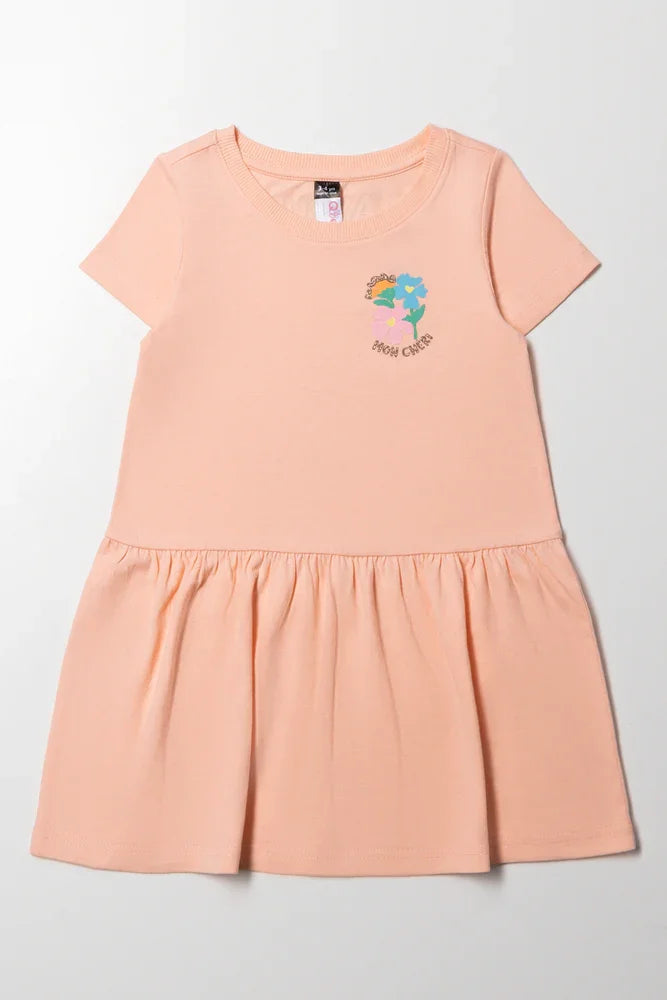 Floral Dropped Waist Dress Peach