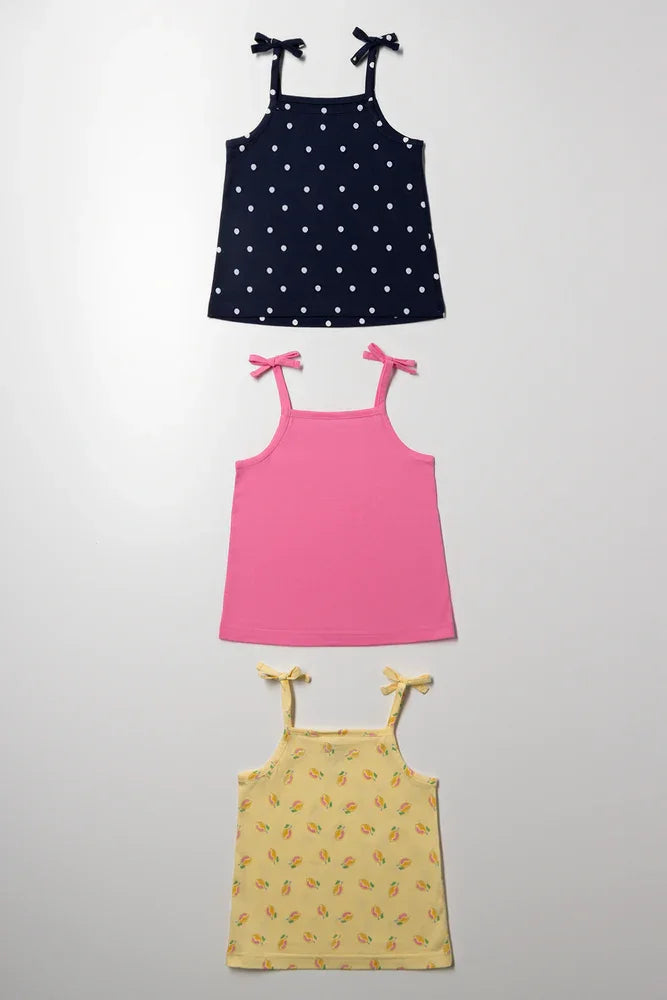 3 Pack Strappy Vests Yellow, Navy And Pink