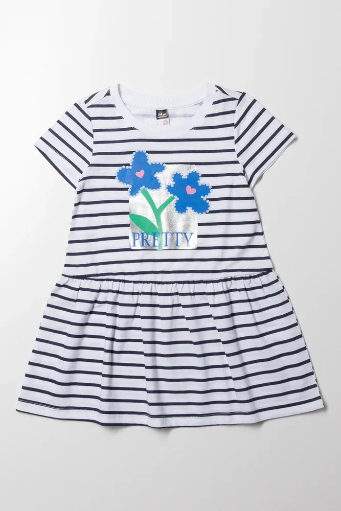 Stripe Dropped Waist T-Shirt Dress Navy And White