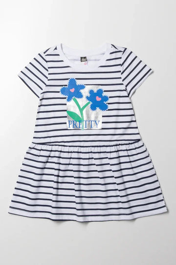 Stripe Dropped Waist T-Shirt Dress Navy And White