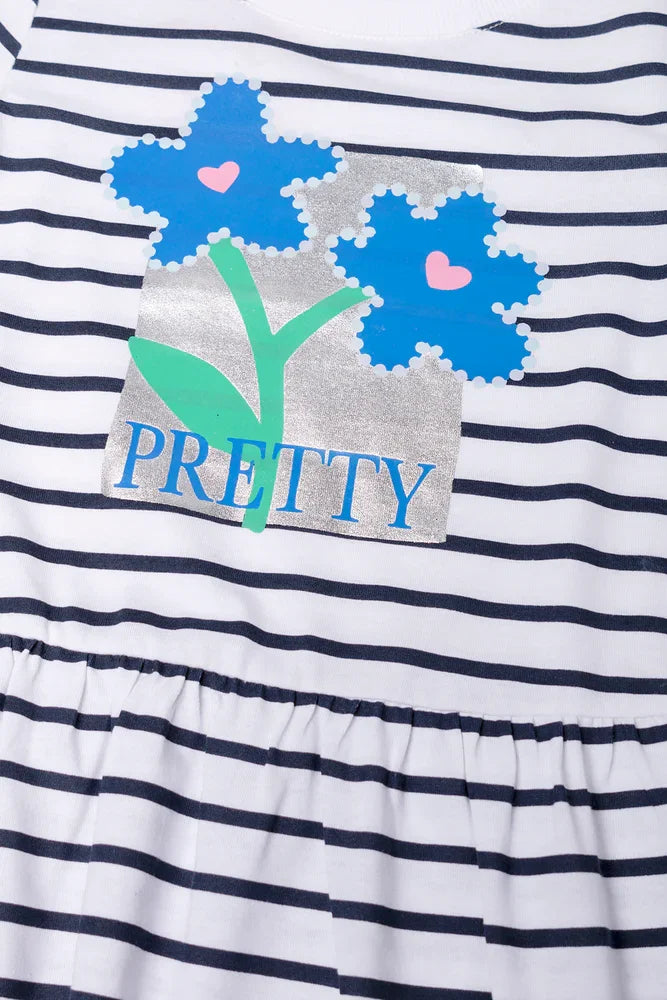 Stripe Dropped Waist T-Shirt Dress Navy And White (1)